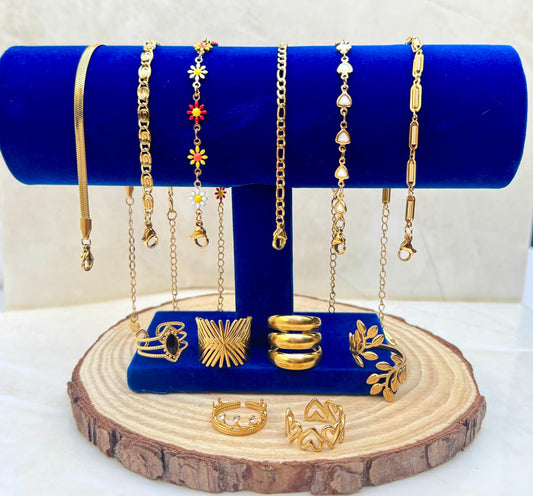 Pack 6 anillos, 6 pulseras - Acero Enchapado en oro 18k