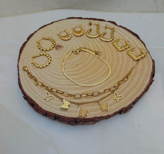 Pack 4 Aros, 2 Pulseras - Acero Enchapado en oro 18k